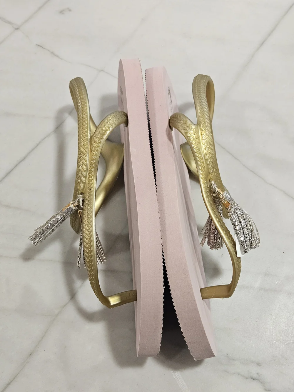 Joyfolie Girls Cassia Pink Gold Glitter Tassel Accent Flip Flops